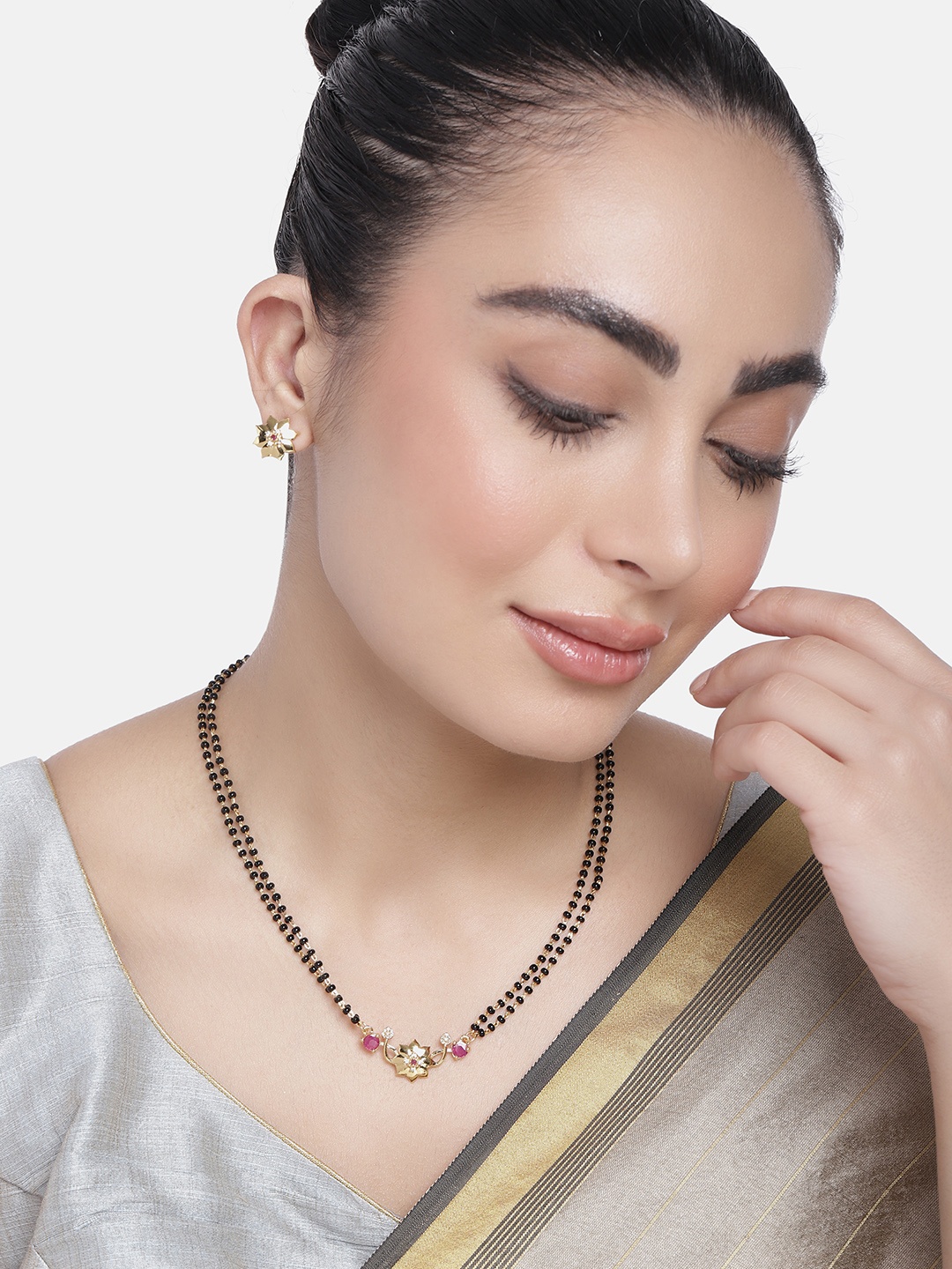 

Estele Gold Plated CZ Ravishing Flower Designer Mangalsutra Necklace Set, Pink
