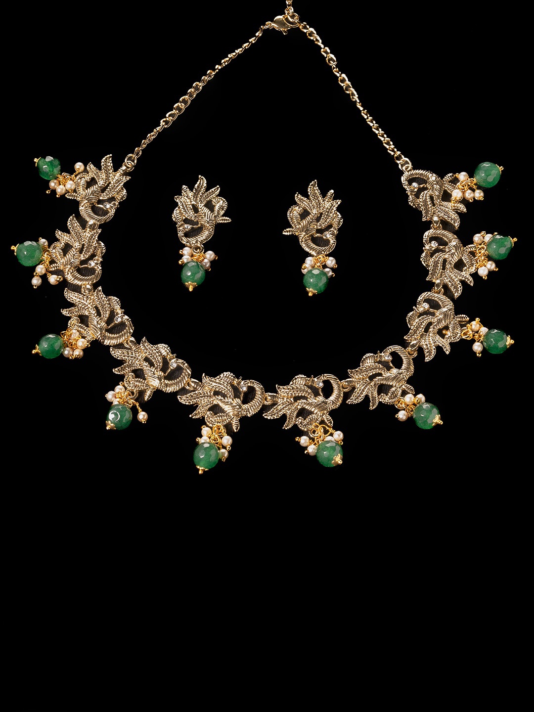 

Estele Gold Plated Antique Peacock Designer Choker Necklace Set with Pearl, Green