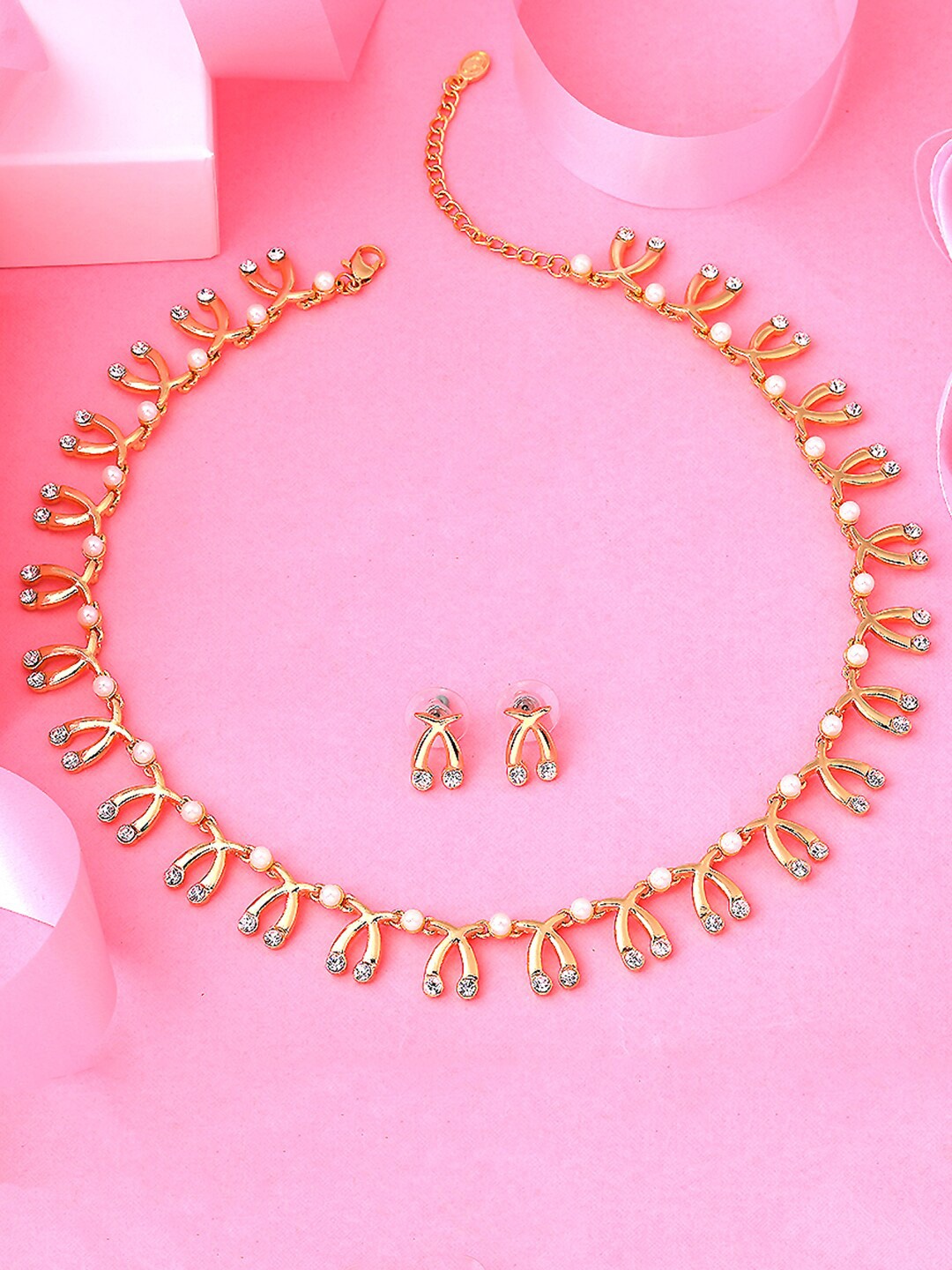 

Estele Gold Plated Dancing Necklace Set with Crystals, White
