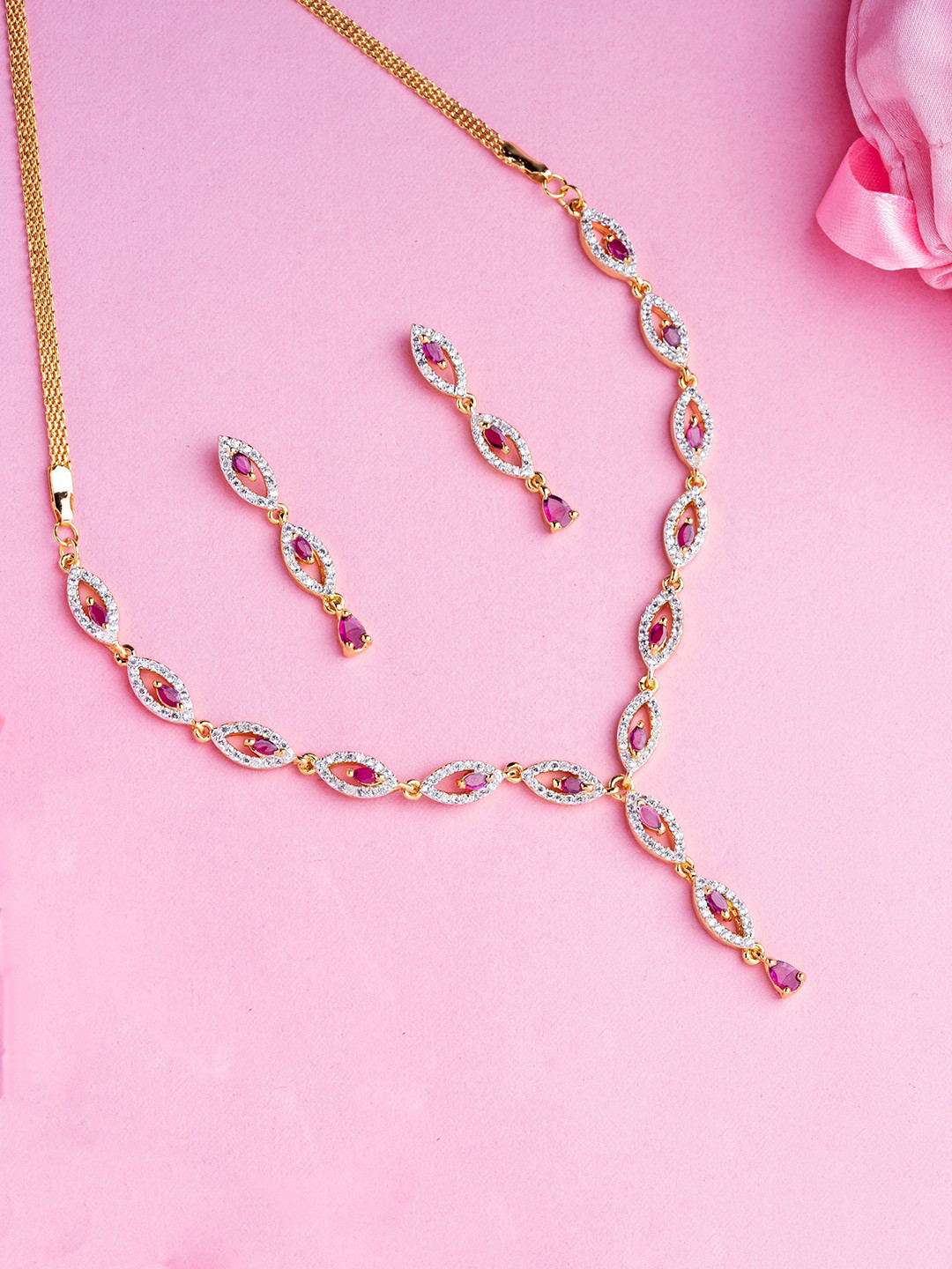 

Estele Gold plated Sparkling Drop Necklace Set with Crystals, Pink