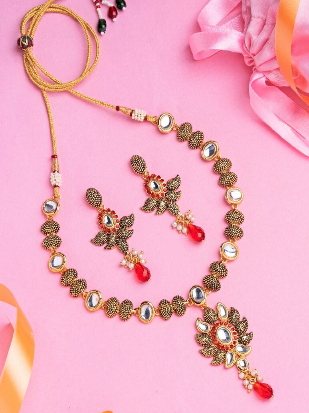 

Estele Gold Plated Dazzling Floral Necklace Set with Kundan & Crystals, Red