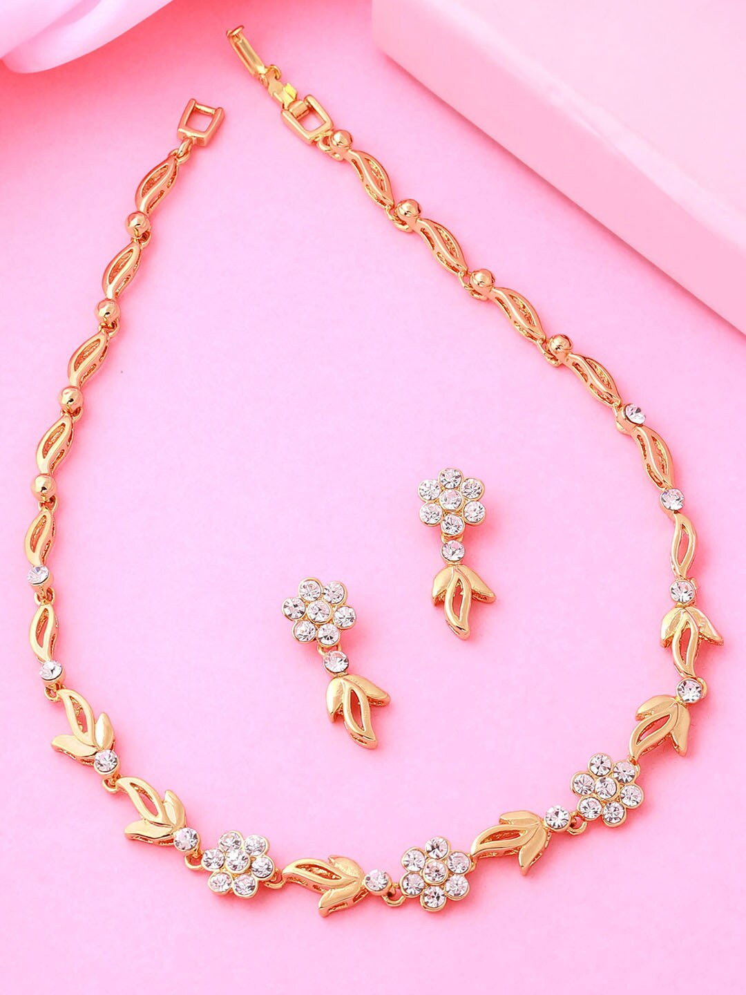 

Estele Gold Plated Flower Designer Necklace Set with Crystals