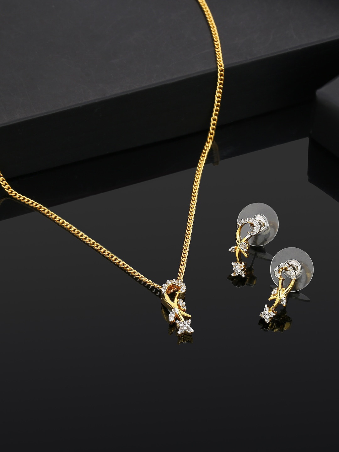 

Estele Gold Plated CZ Flower Curl Designer Pendant Necklace Set