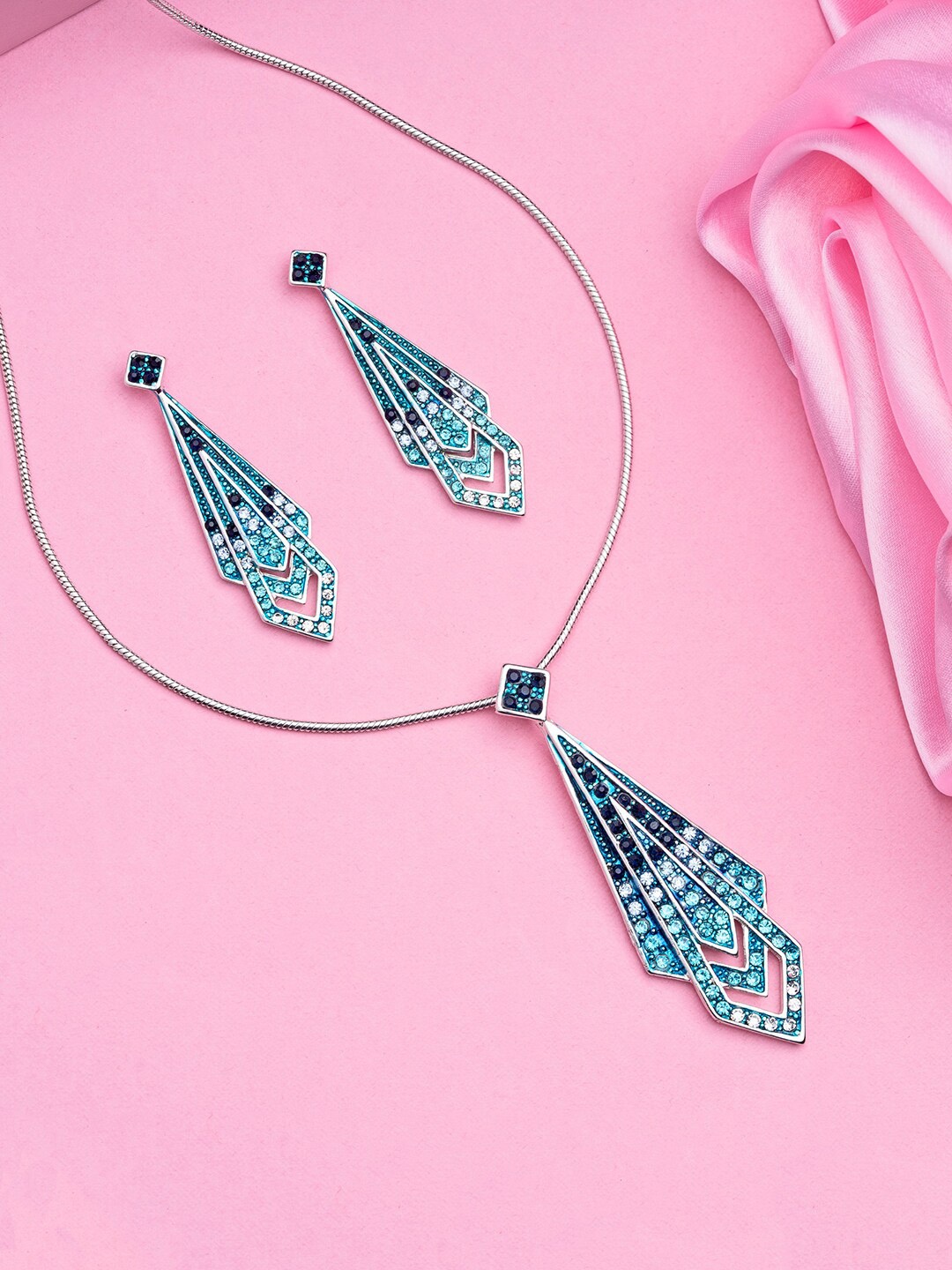 

Estele Rhodium-Plated & Crystal Studded Pendant Set, Blue