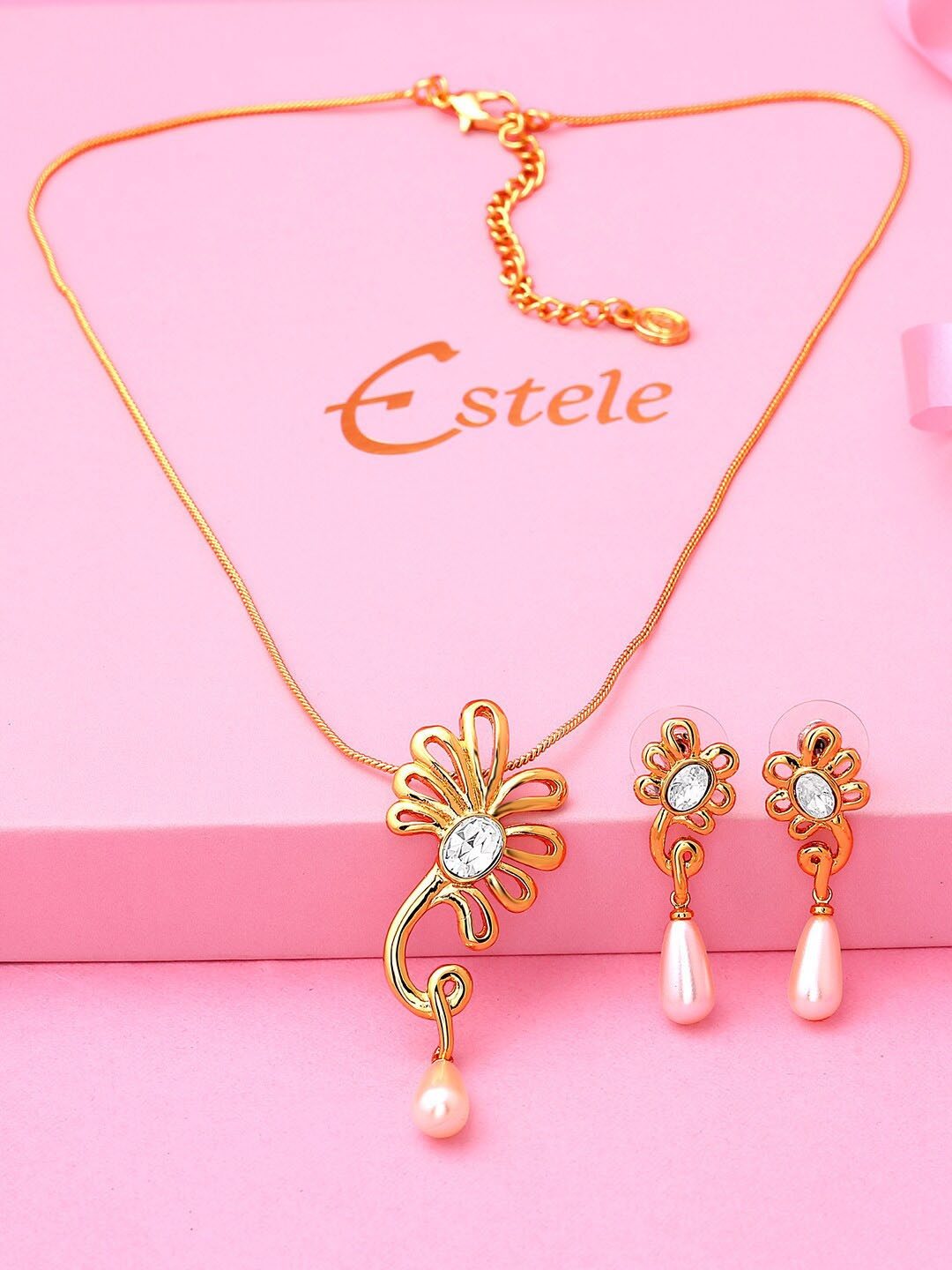 

Estele Gold Plated Floral Designer Pendant Set with Crystals & Pearls for Women, White