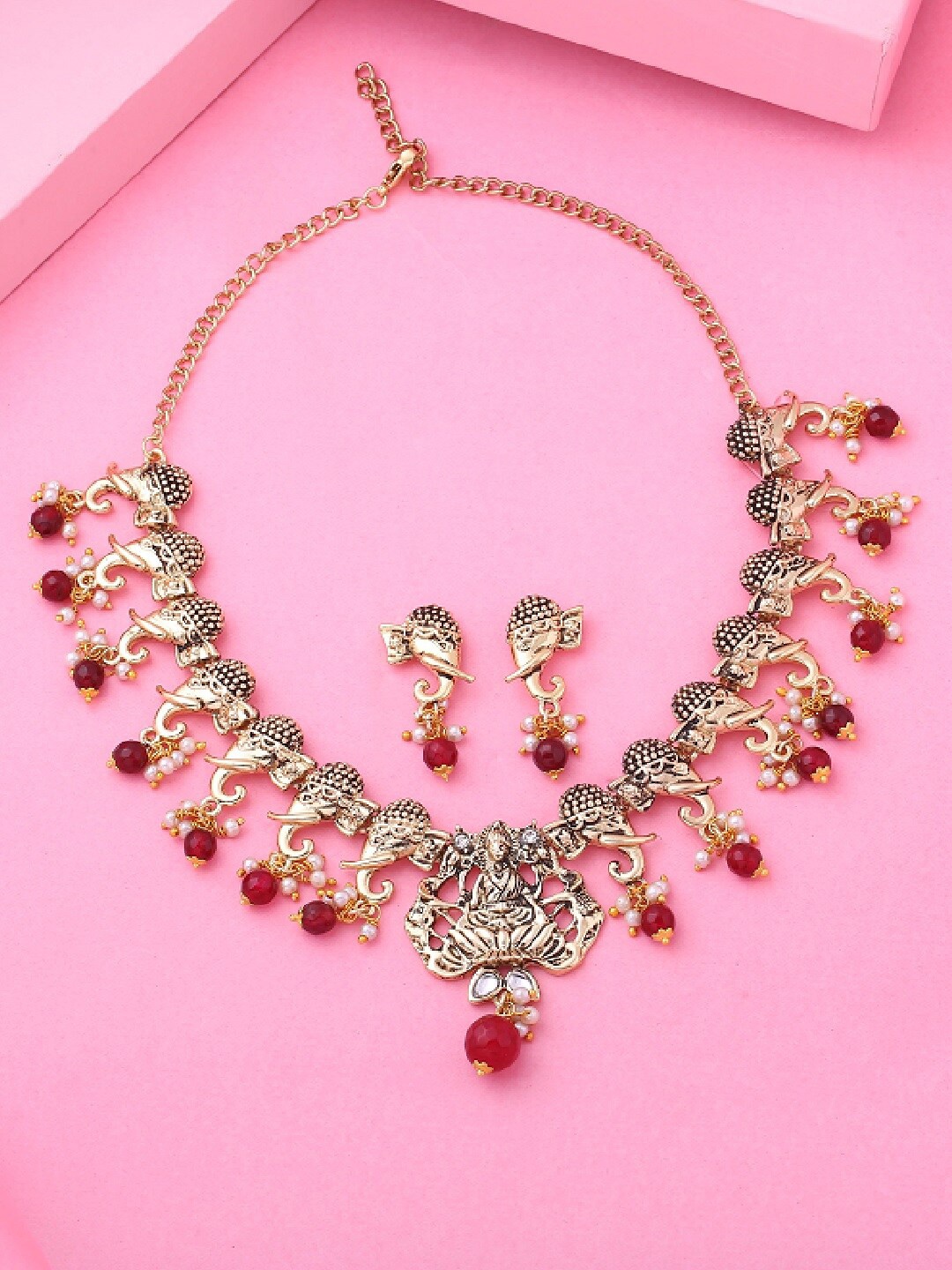 

Estele Gold Plated Laxmi Devi Embellished with Elephants Designer Necklace set