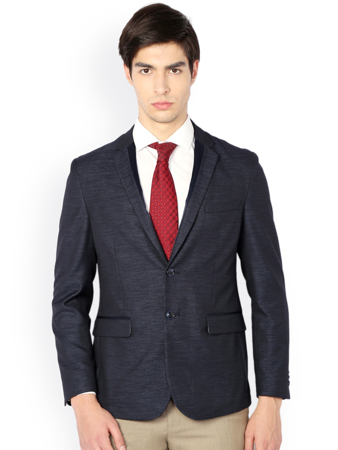 

V Dot Navy Self-Design Slim Fit Single-Breasted Blazer, Navy blue