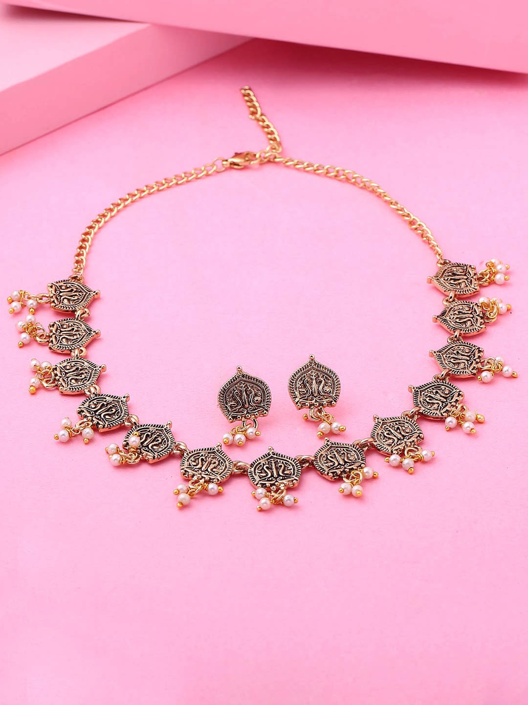 

Estele Gold Plated Antique Traditional Choker Necklace Set with Pearls