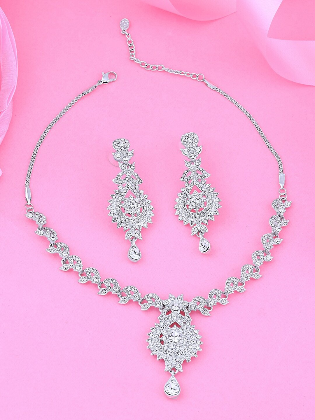 Estele Rhodium-Plated Crystal Studded Jewellery Set, Silver