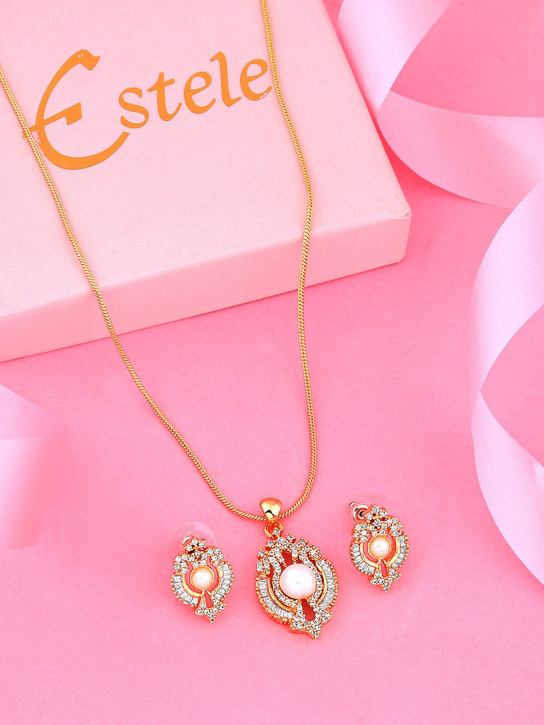 

Estele Gold-Plated CZ-Studded Jewellery Set, White