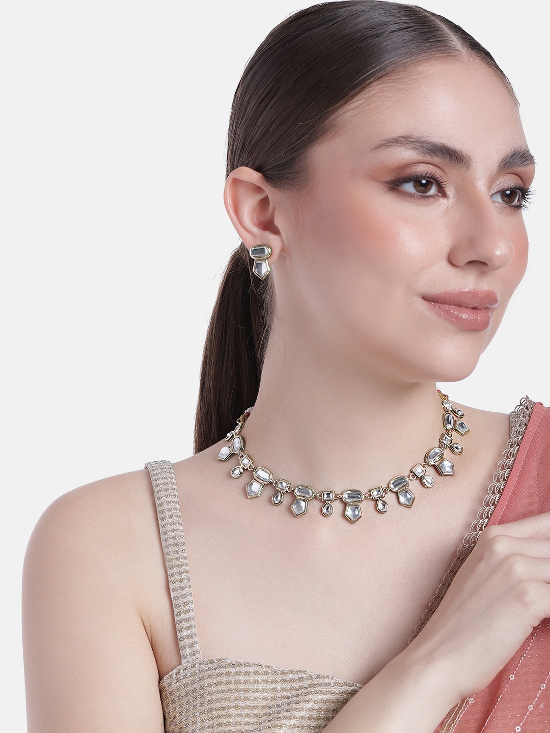 

Estele Gold-Plated Kundan Stone-Studded Choker Jewellery Set, White