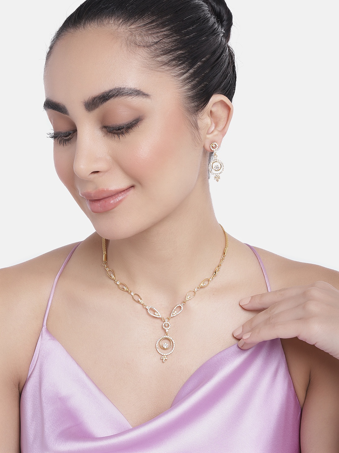 

Estele Gold Plated CZ Circular Designer Necklace Set