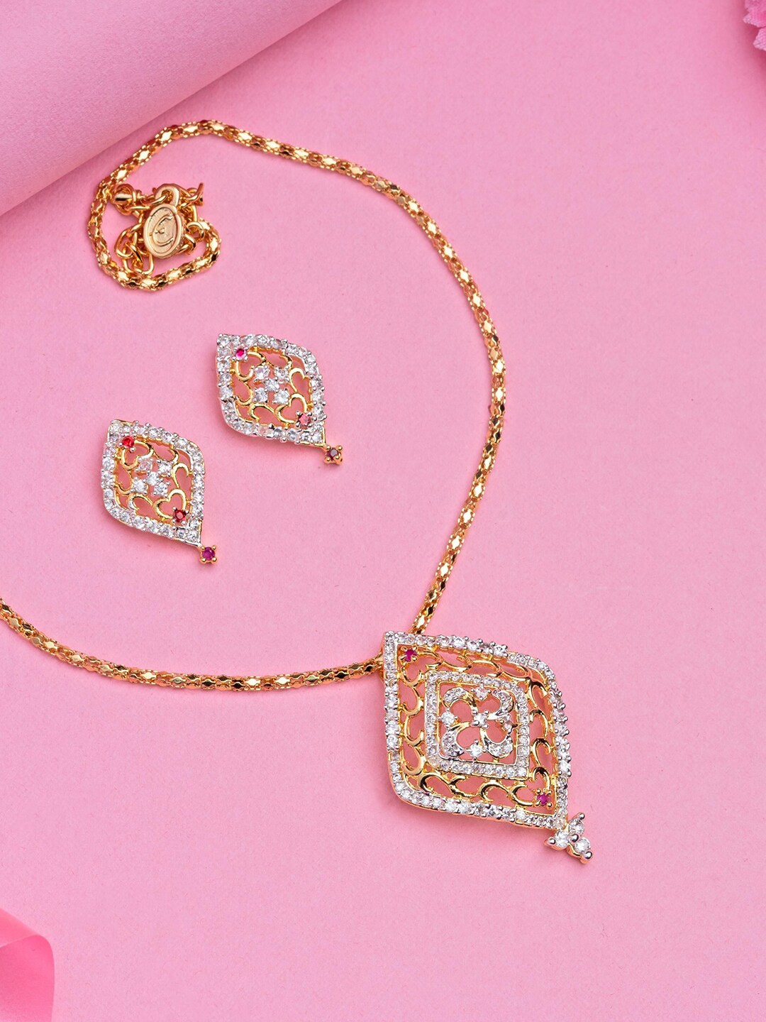 

Estele Gold Plated CZ Graceful Pendant Necklace Set, White