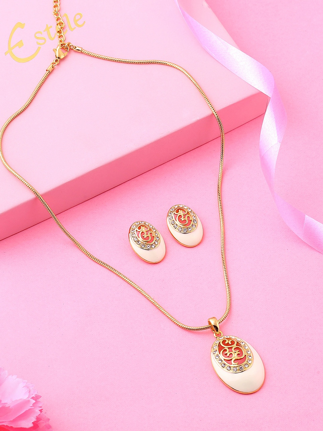 

Estele Gold Plated Elliptical Designer Pendant Set with Crystals, Orange