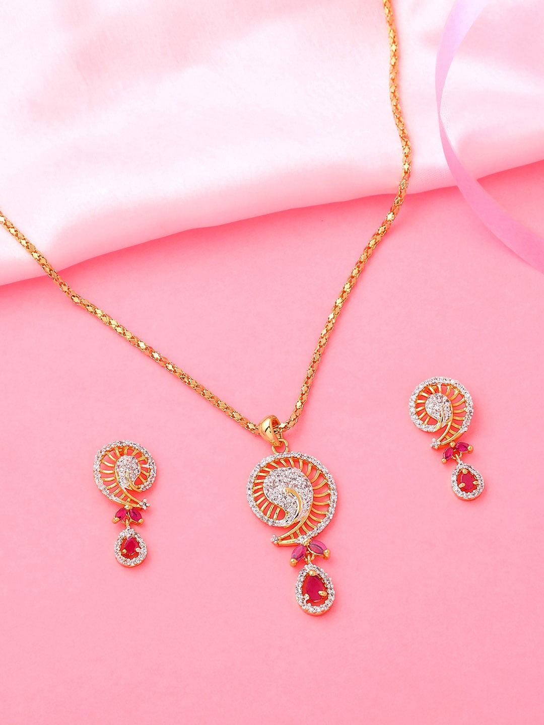 

Estele Gold Plated CZ Ravishing Pendant Necklace Set, Red