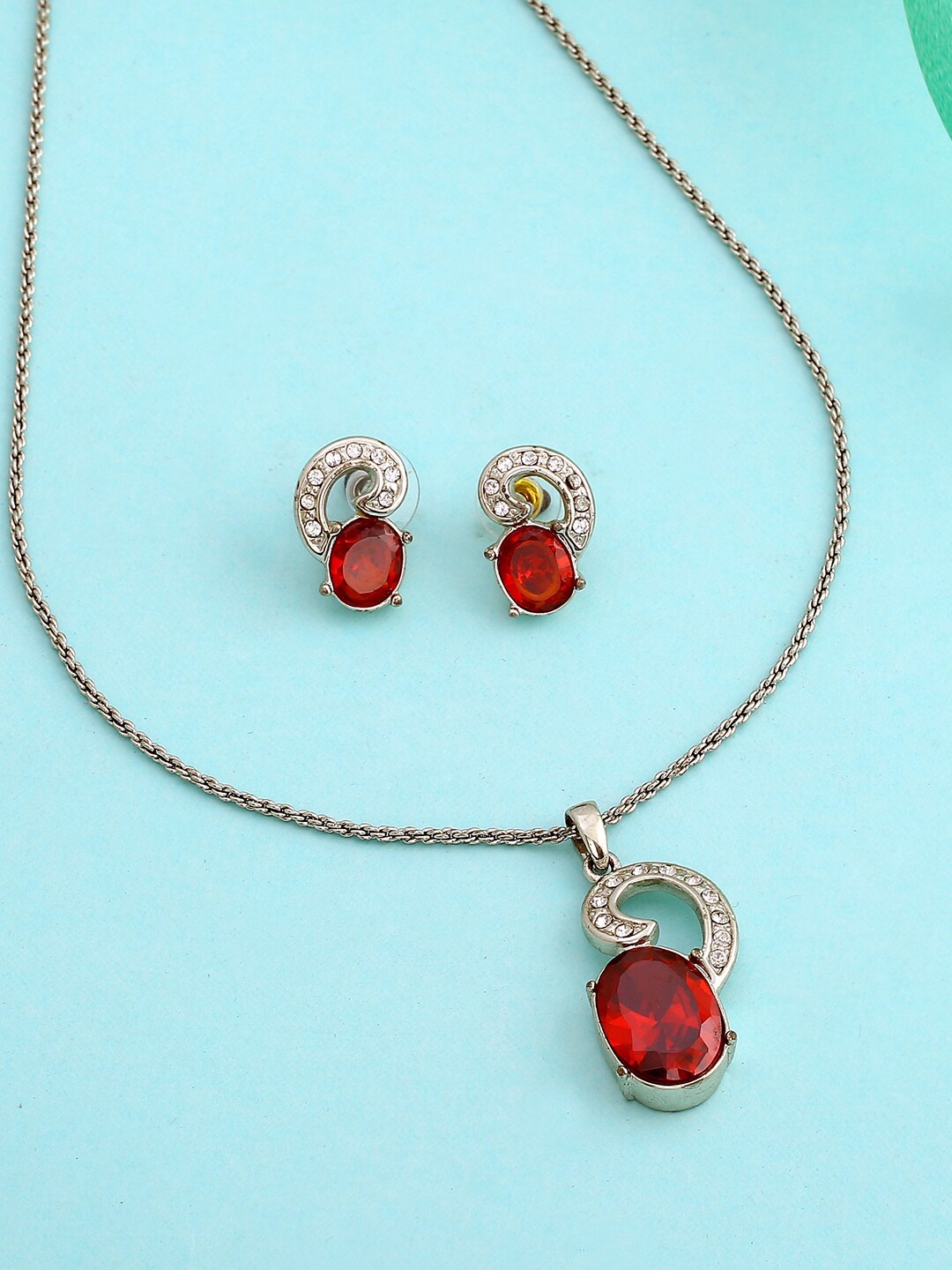 

Estele Rhodium Plated Radiant Designer Pendant Set with Crystals, Red