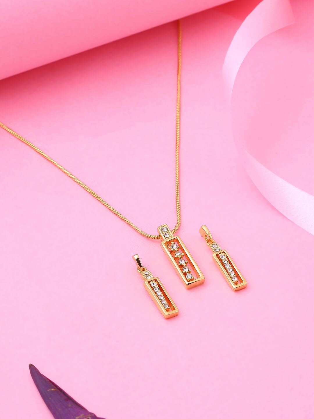 

Estele Gold Plated Cuboid Bar Designer Pendant Set with Crystals, White