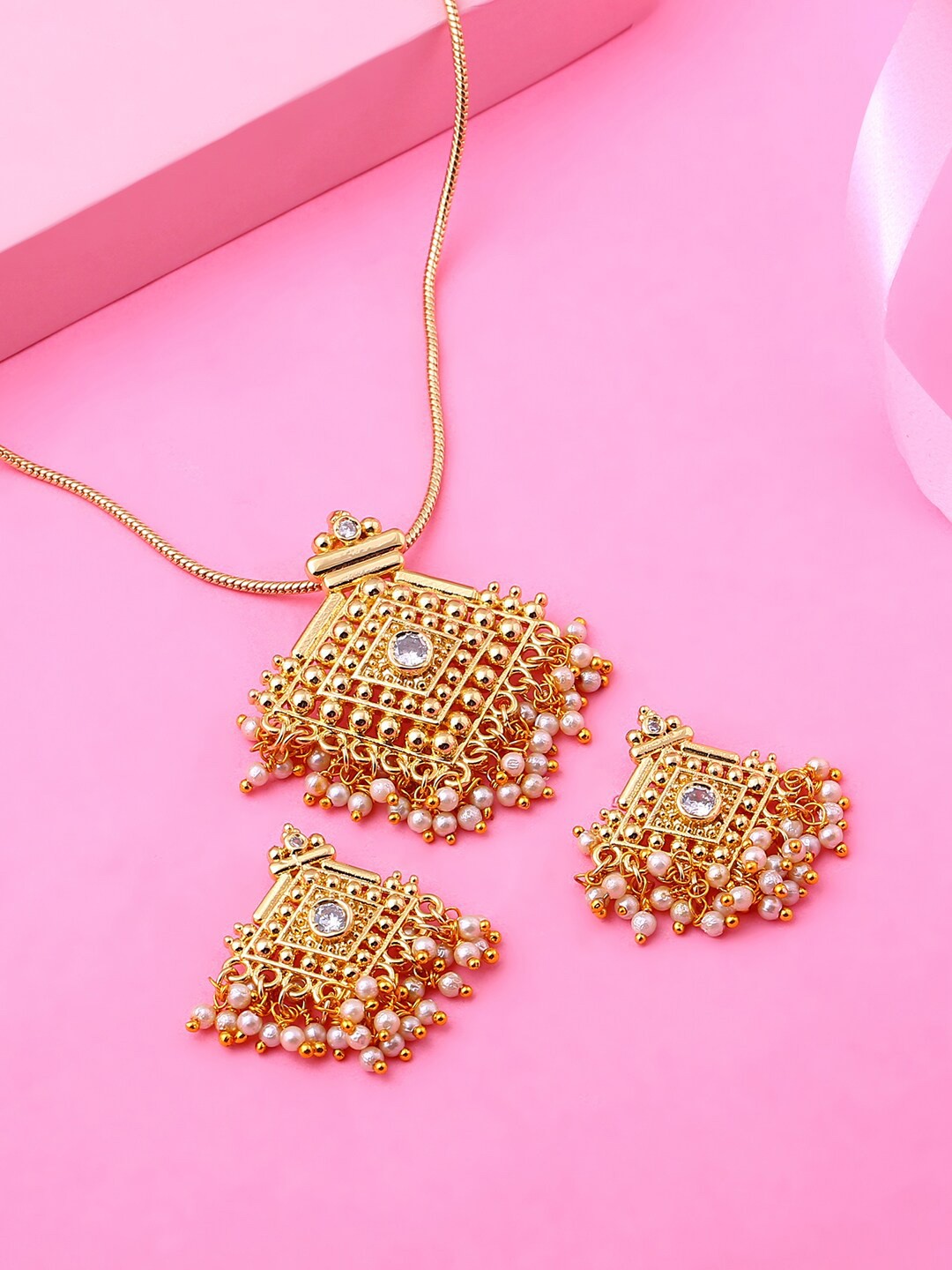 

Estele Women Gold-Plated CZ-Studded & Beaded Jewellery Set, White