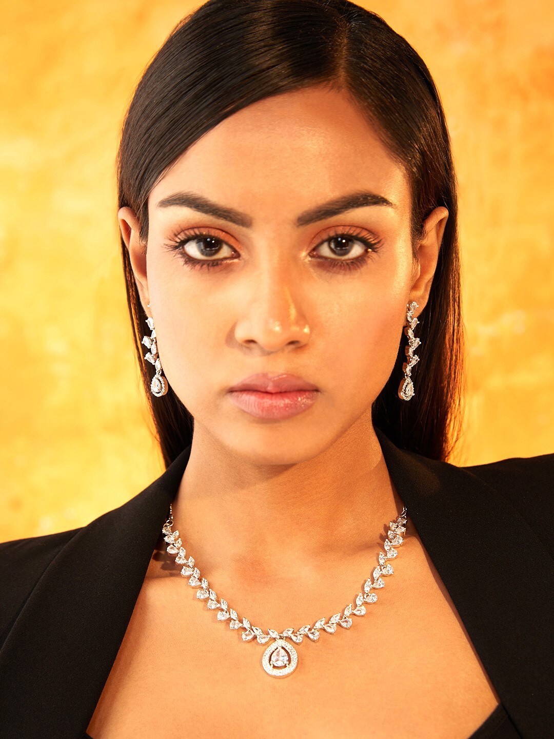 

Estele Rhodium Plated CZ Pear and Marquise Necklace Set, White