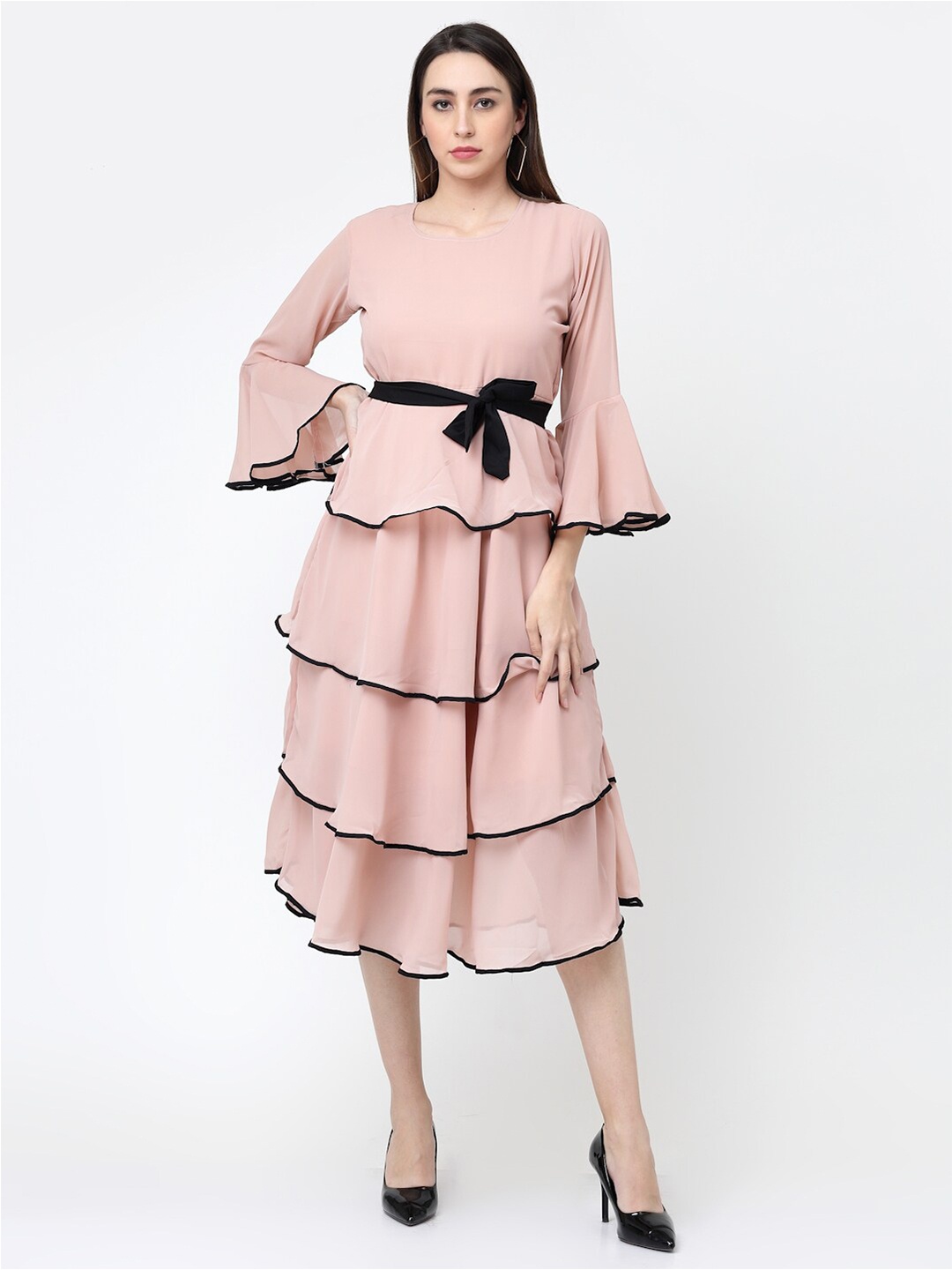

MISS AYSE Layered Flared Sleeve Fit And Flare Midi Dress, Beige