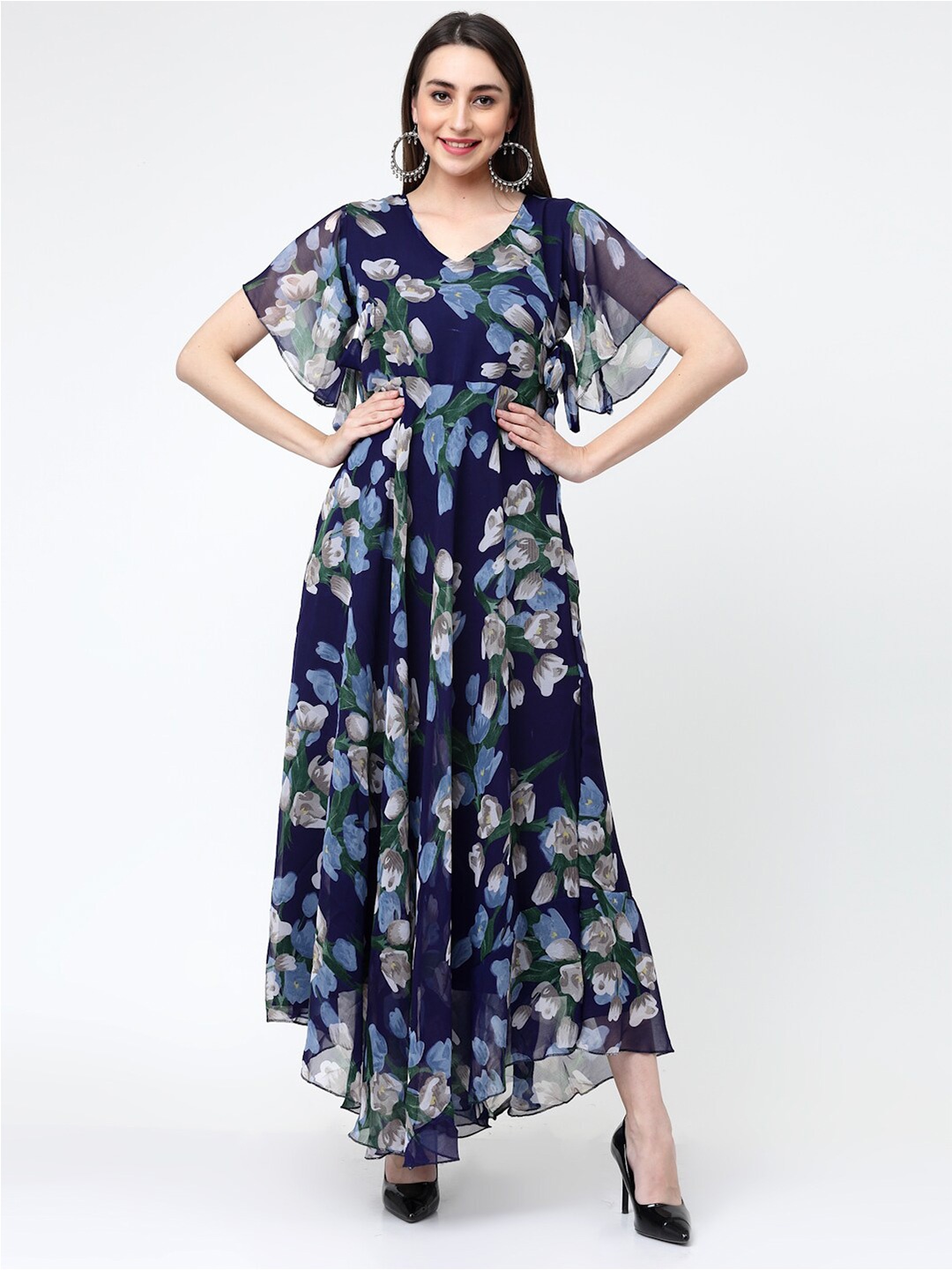 

MISS AYSE Floral Printed V-Neck Fit And Flare Dress, Blue