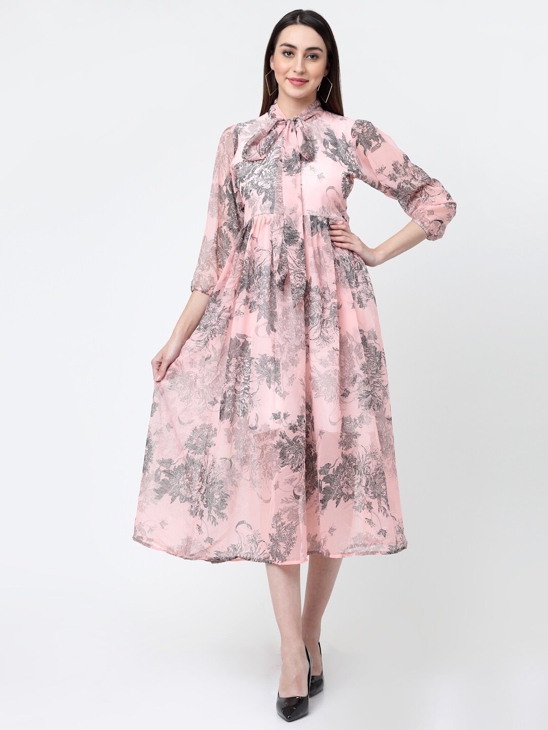 

MISS AYSE Floral Printed Tie-Up Neck Georgette Midi Dress, Pink