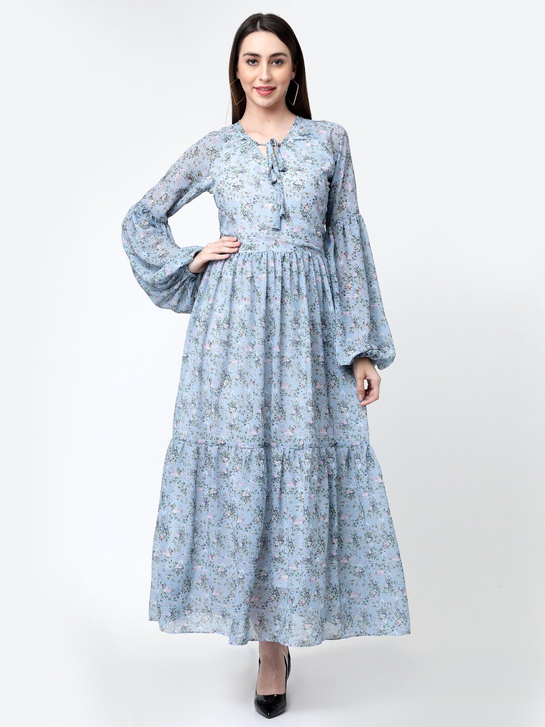 

MISS AYSE Floral Tie-Up Neck Georgette Maxi Dress, Blue