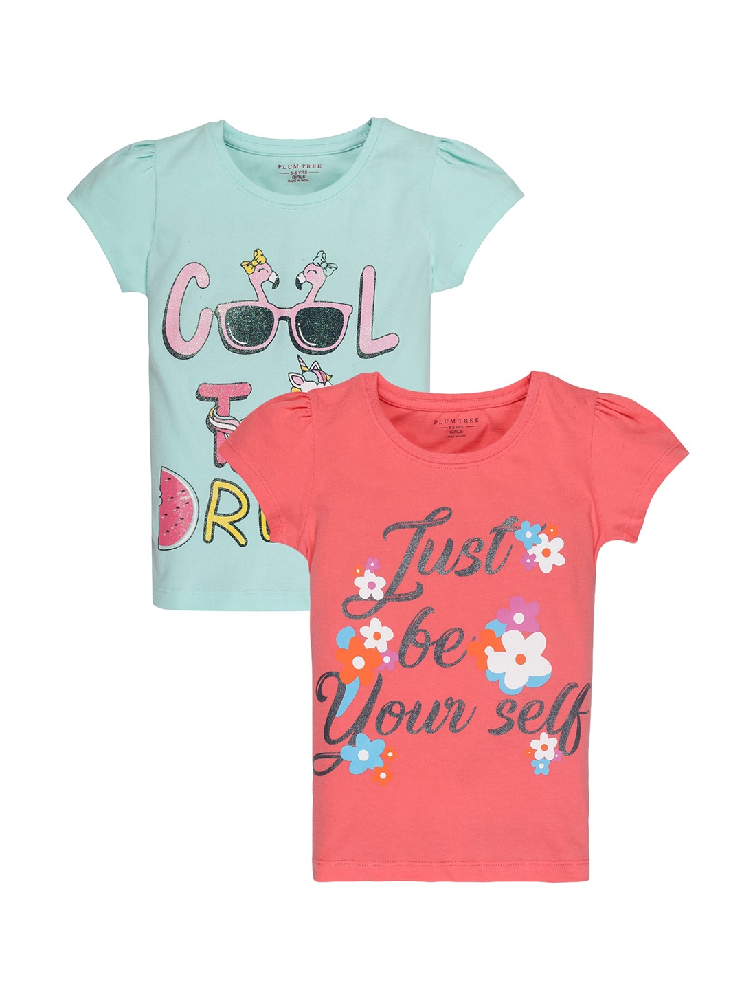 

PLUM TREE Girls Pack Of 2 Typography Printed Cotton T-shirt, Orange