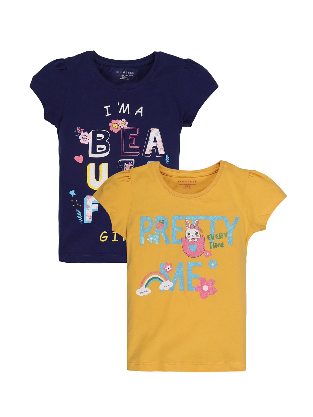 

PLUM TREE Girls Pack Of 2 Typography Printed Puff Sleeves Cotton T-shirt, Blue