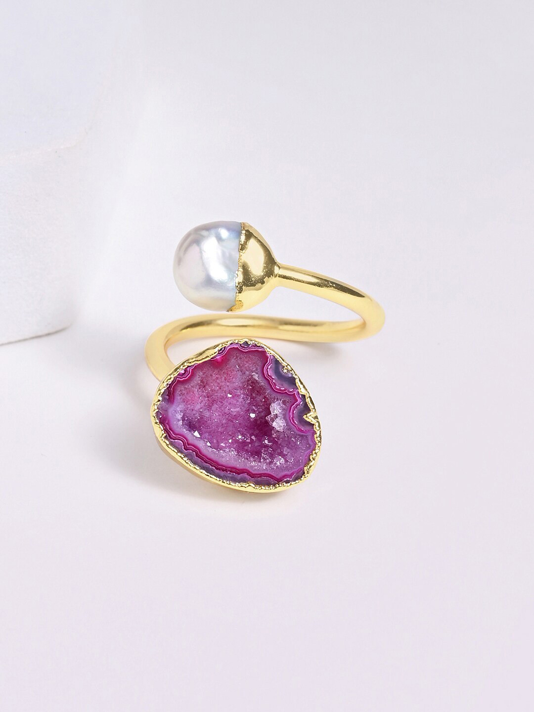 

March by FableStreet 18K Gold-Plated Sterling Silver Baroque Pearl & Shaded Druzy Adjustable Finger Ring, Purple