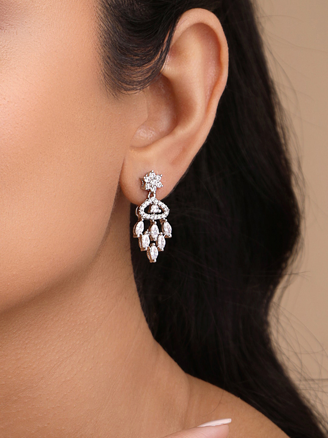 

March by FableStreet Rhodium Plated Zircon Contemporary Drop Earrings, Silver