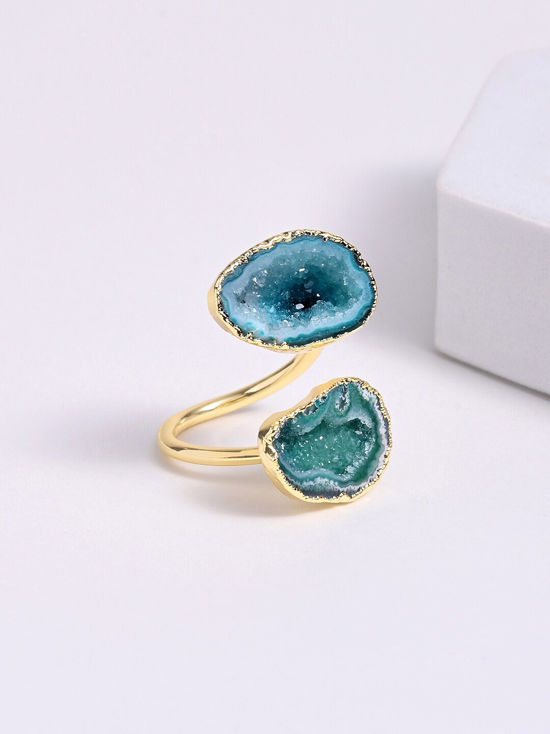 

March by FableStreet Women 92.5 Sterling Silver & 18K Gold-Plated Crystal-Studded Finger Ring, Teal