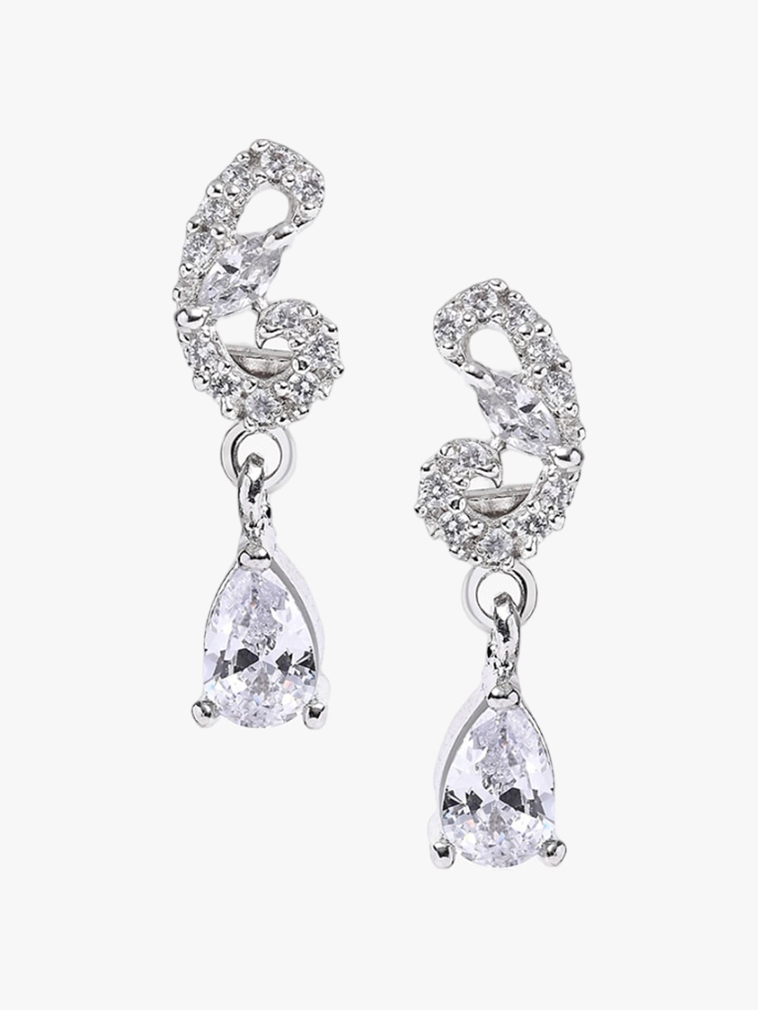 

March by FableStreet Rhodium Plated Zircon Contemporary Drop Earrings, Silver
