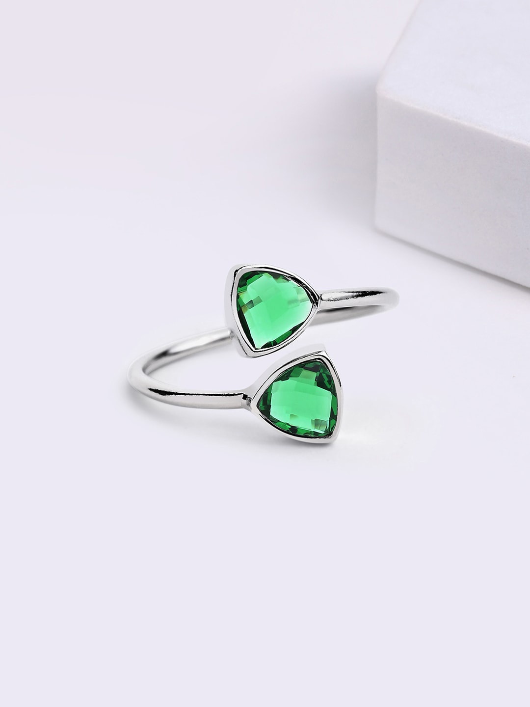 

March by FableStreet Rhodium-Plated Quartz Studded Finger Ring, Green
