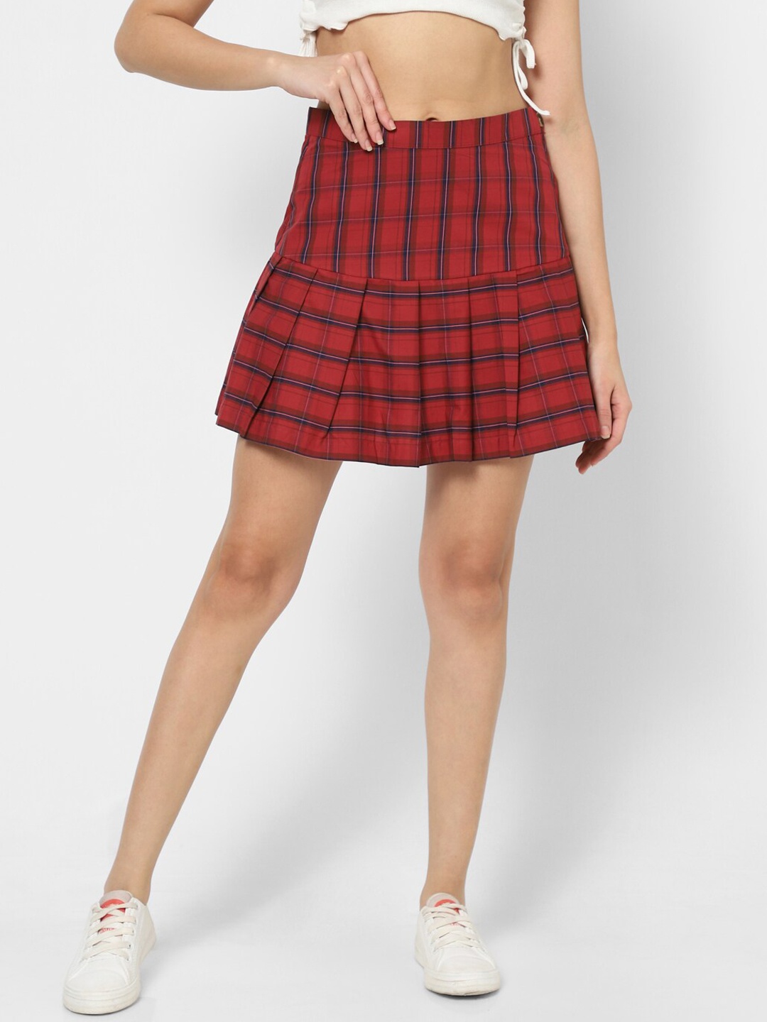 

VASTRADO Checked Pure Cotton A-Line Mini Skirt, Red