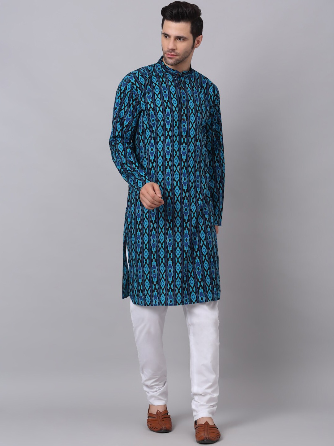 

NEUDIS Men Ethnic Motifs Printed Pure Cotton Kurta With Churidar, Blue