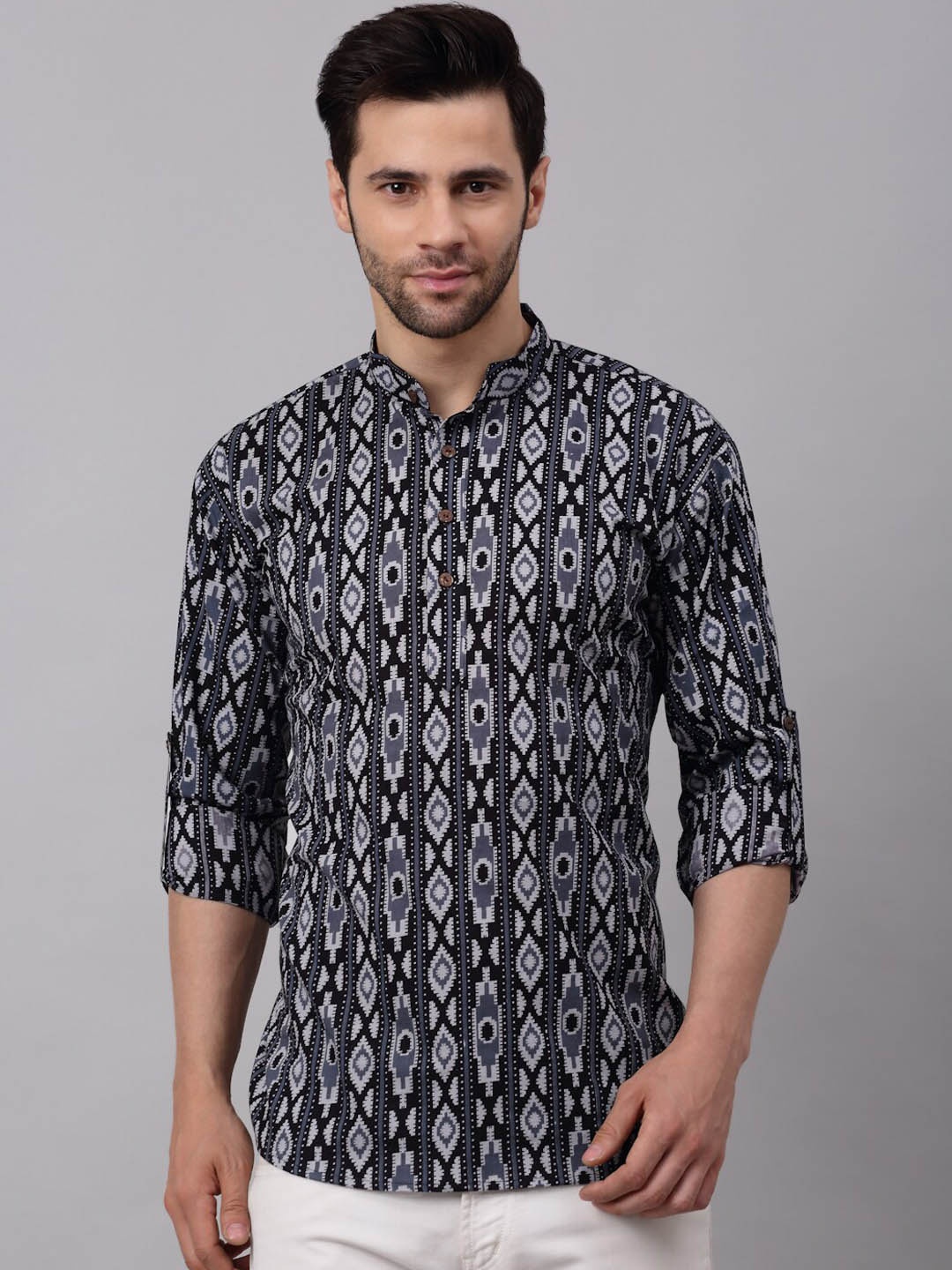 

NEUDIS Men Geometric Printed Cotton Kurta, Black