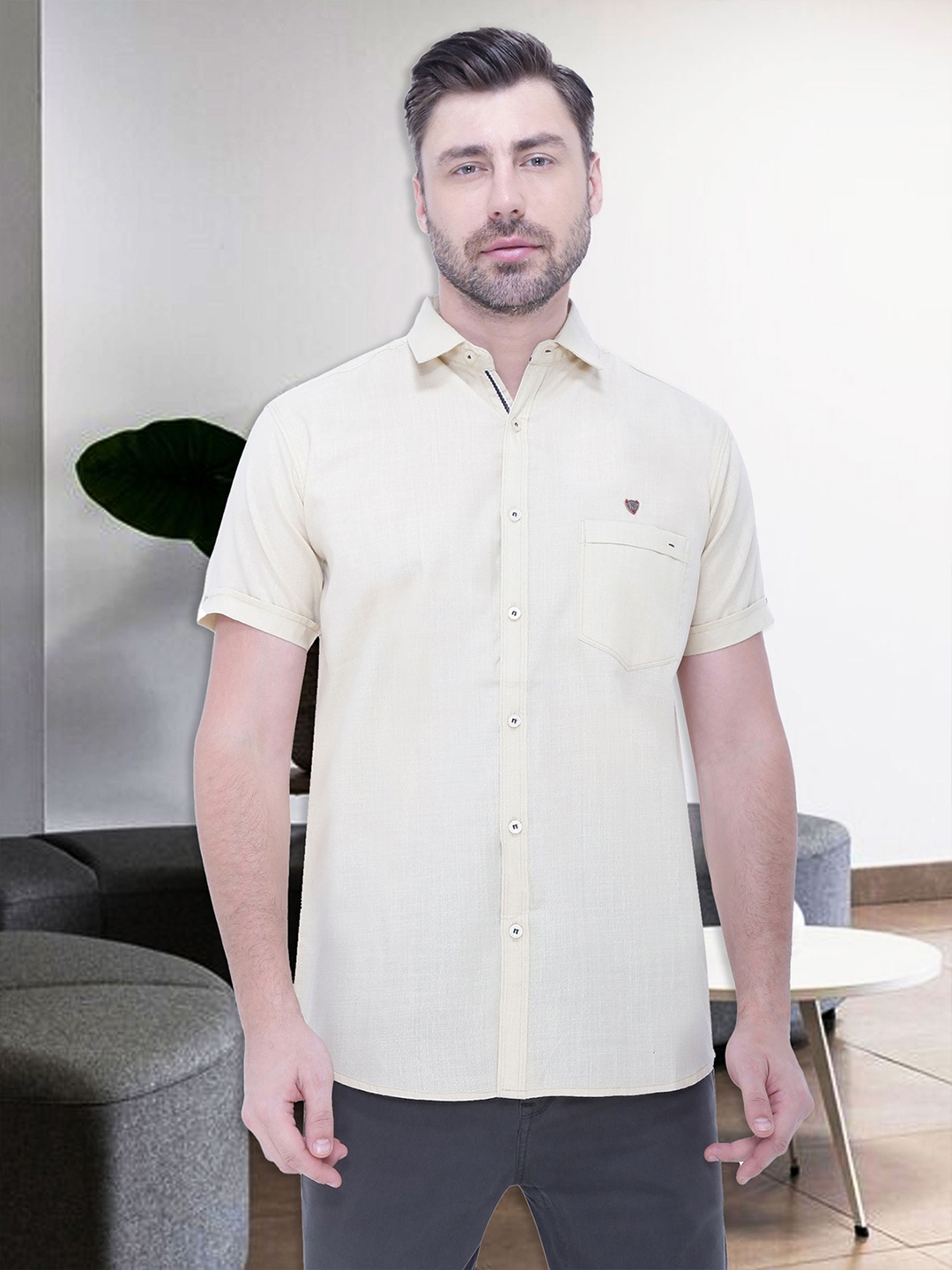 

Kuons Avenue Men Smart Slim Fit Casual Shirt, Cream