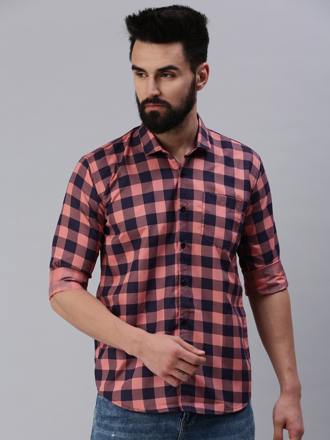 

Rodzen Men Buffalo Checks Cotton Casual Shirt, Pink
