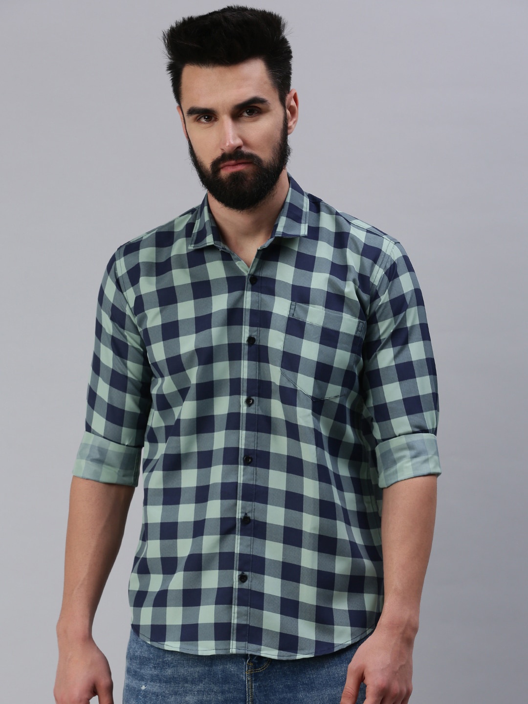 

Rodzen Men Blue Buffalo Checks Checked Casual Shirt
