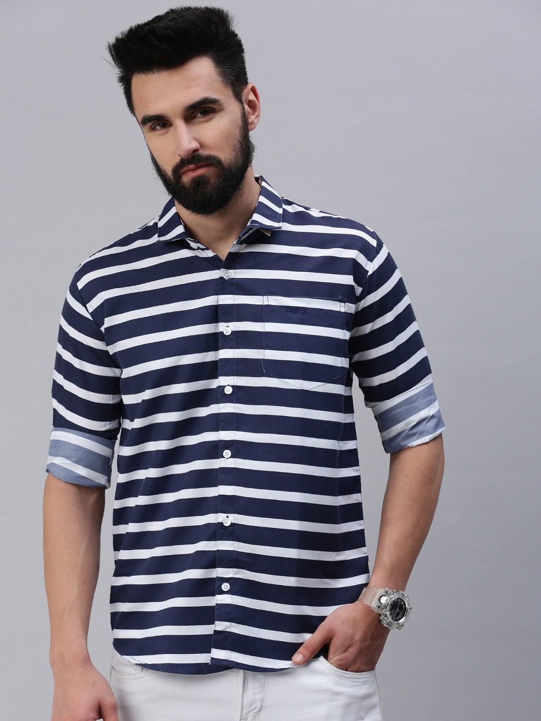 

Rodzen Men Horizontal Striped Casual Cotton Shirt, Navy blue