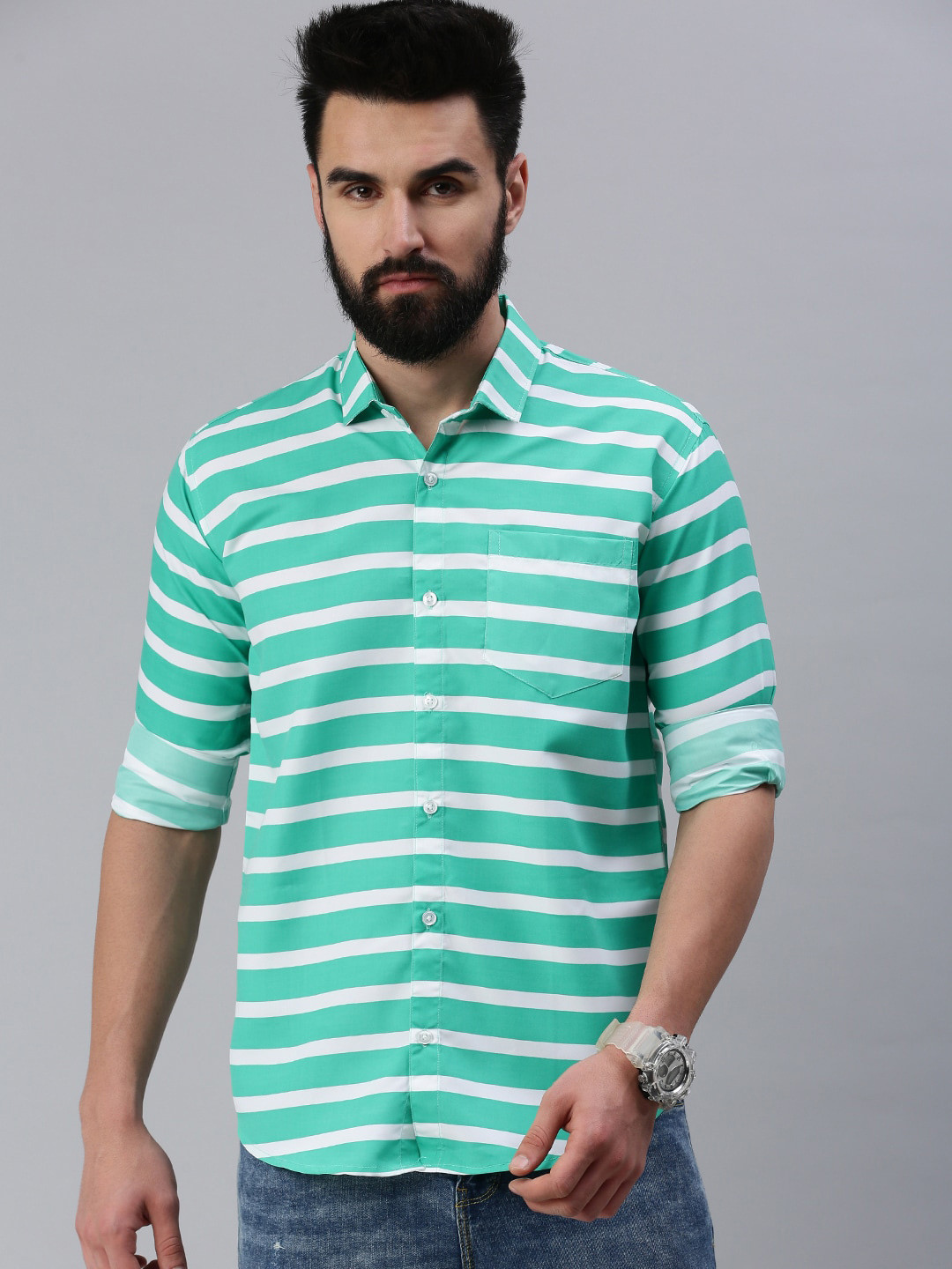 

Rodzen Men Green Horizontal Stripes Striped Casual Shirt