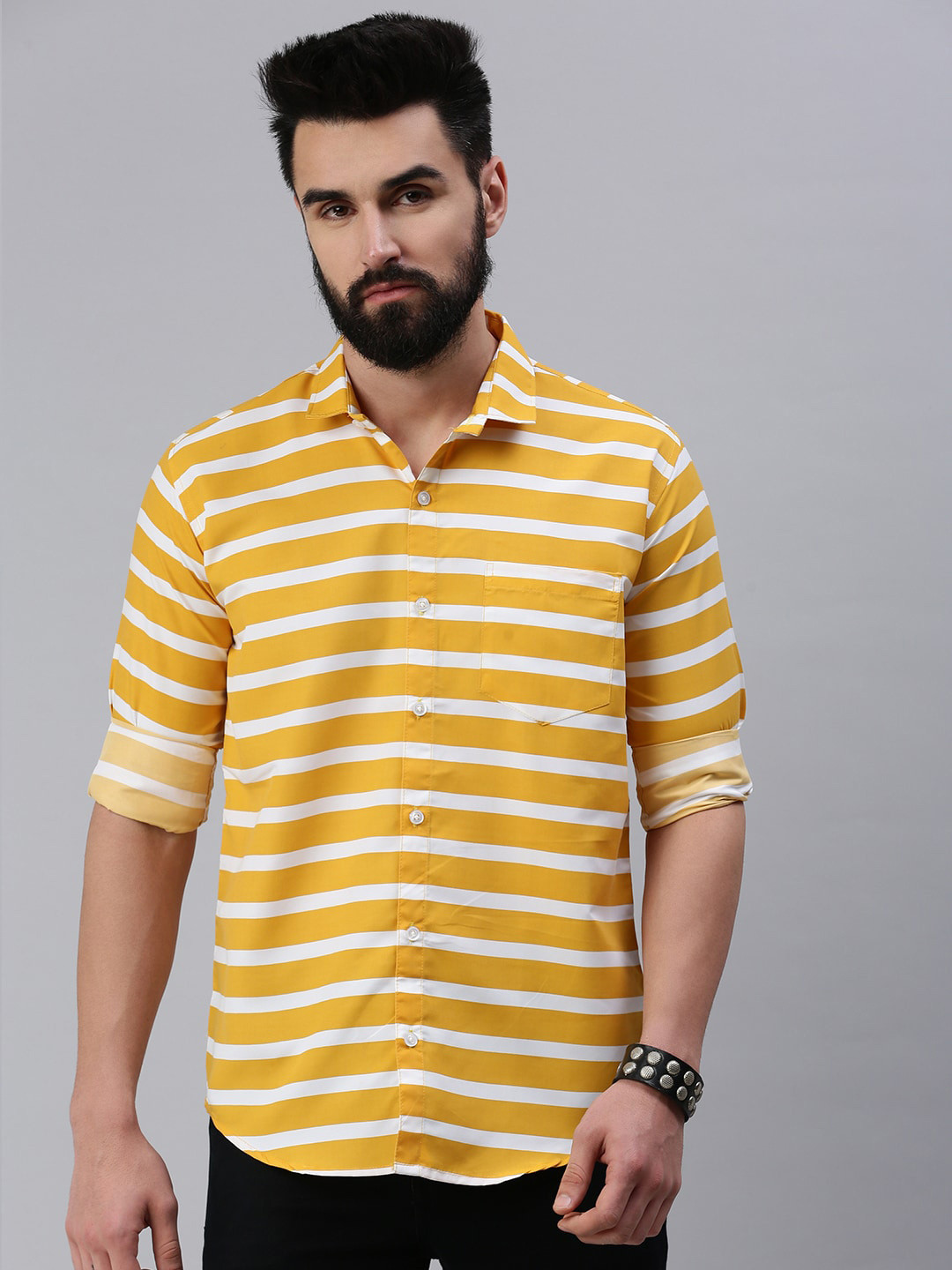 

Rodzen Men Horizontal Striped Casual Cotton Shirt, Yellow