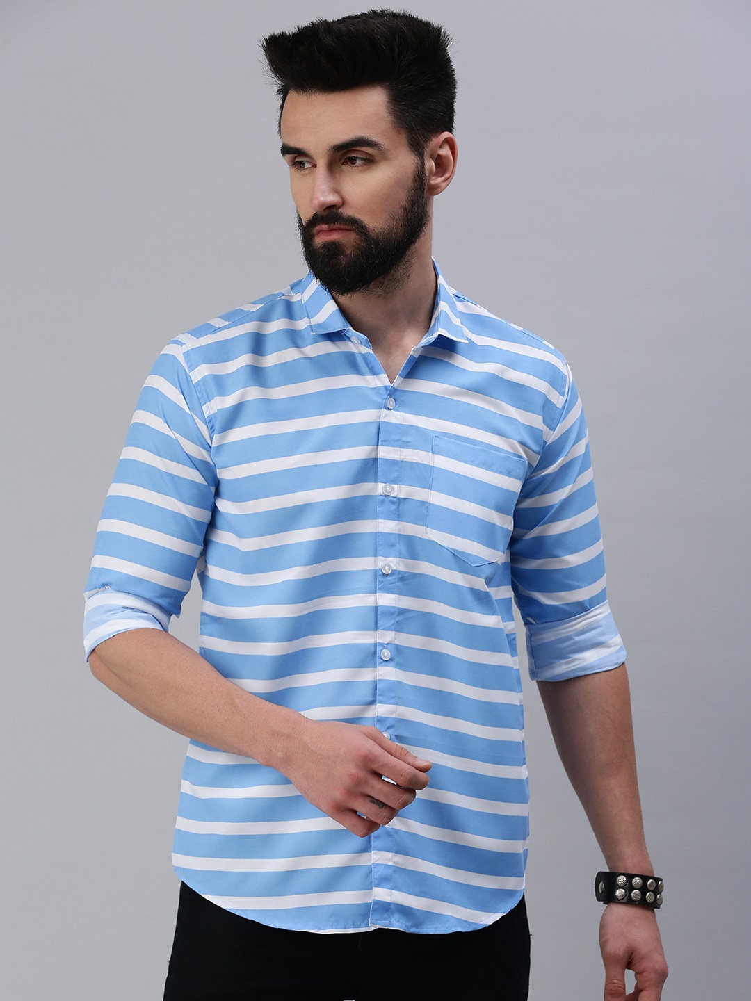 

Rodzen Men Horizontal Stripes Striped Casual Cotton Shirt, Blue