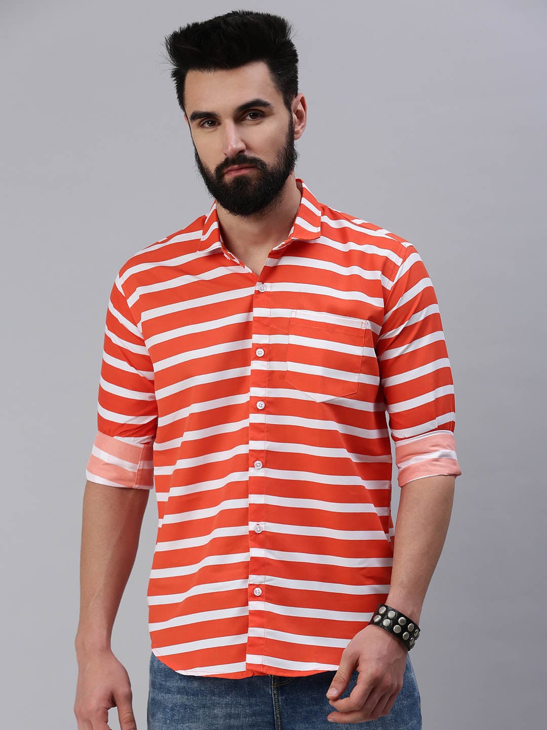 

Rodzen Men Horizontal Striped Casual Cotton Shirt, Red