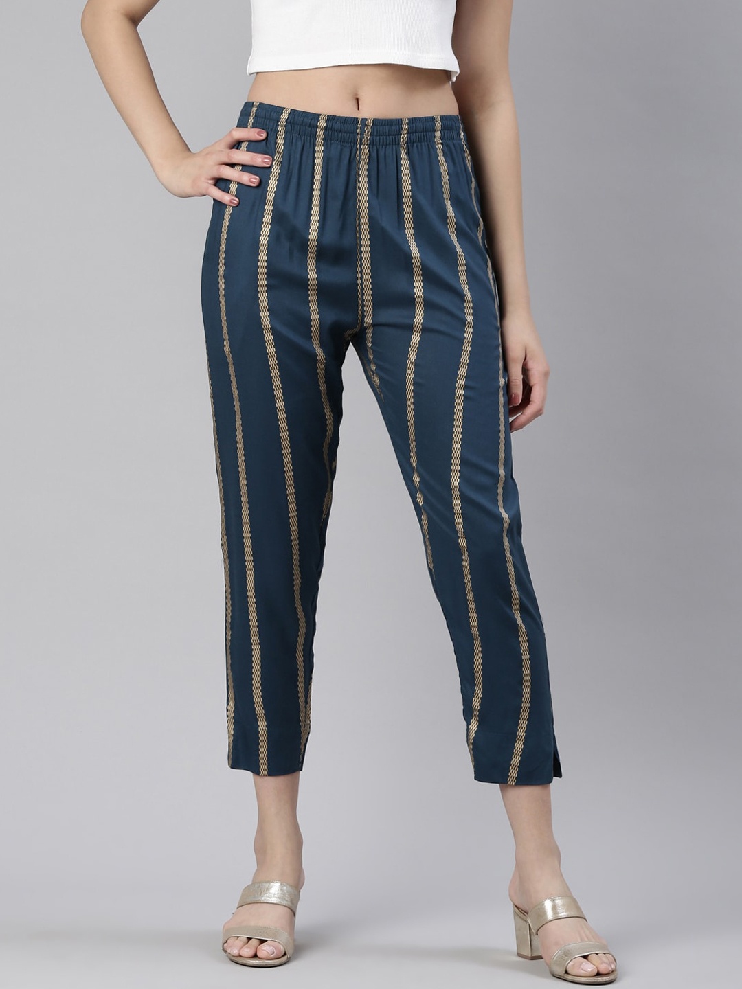 

Kryptic Women Striped Smart Slim Fit Pleated Trousers, Teal
