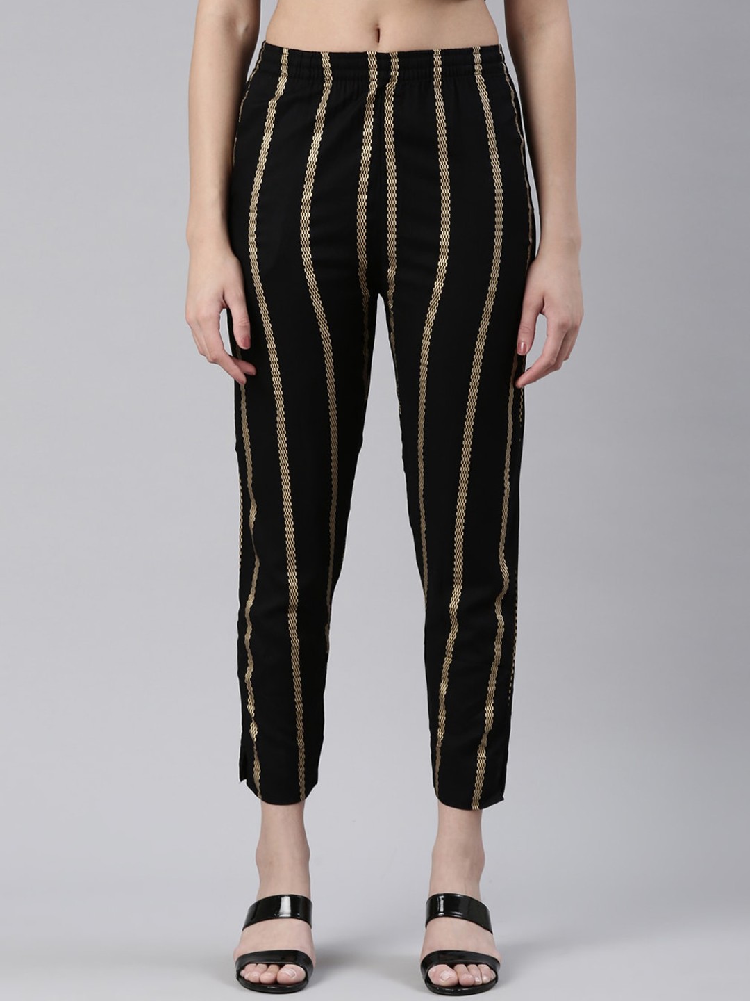 

Kryptic Women Striped Smart Slim Fit Trousers, Black