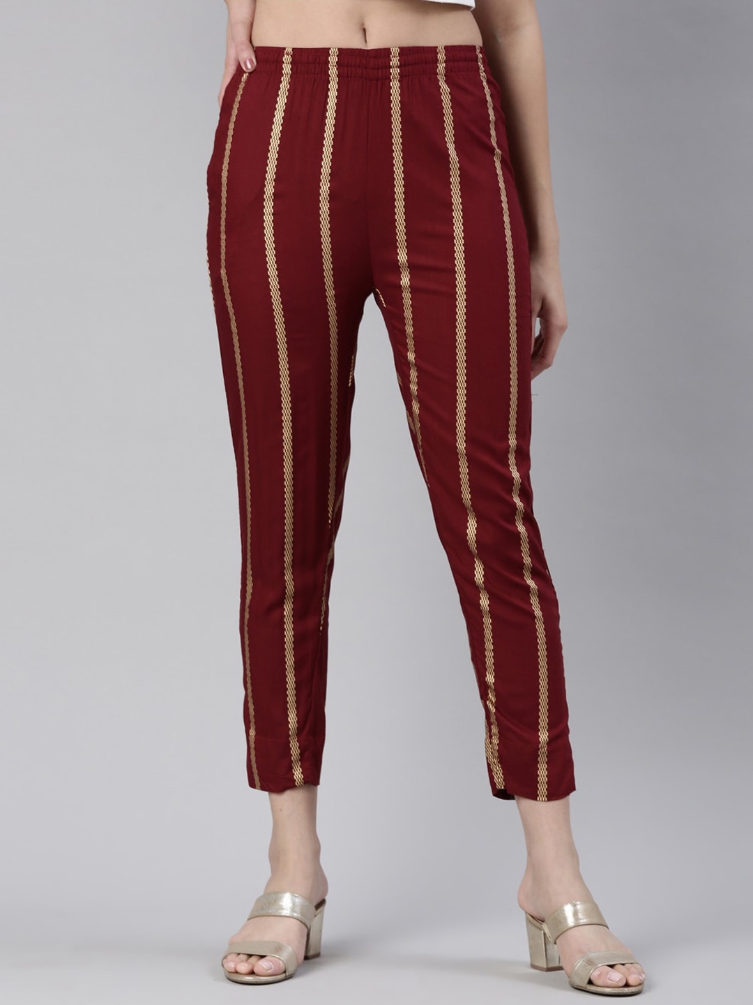 

Kryptic Women Striped Smart Slim Fit cigarette Trousers, Maroon