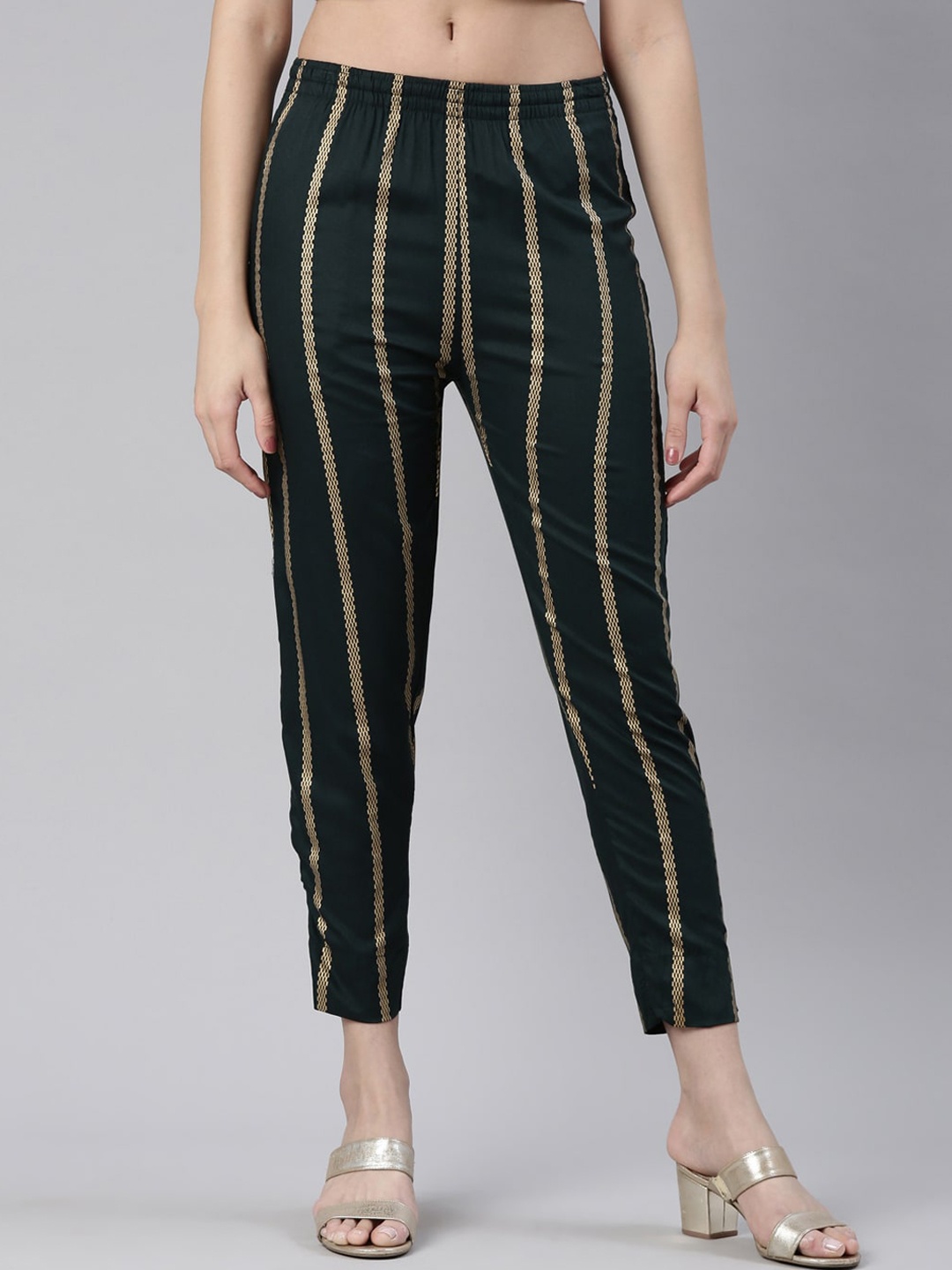 

Kryptic Women Striped Smart Slim Fit cigarette Trousers, Green