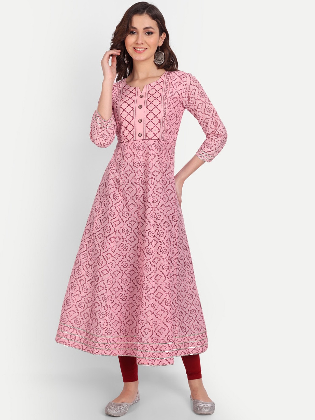 

Mclothings Women Bandhani Printed Organic Cotton Anarkali Kurta, Pink